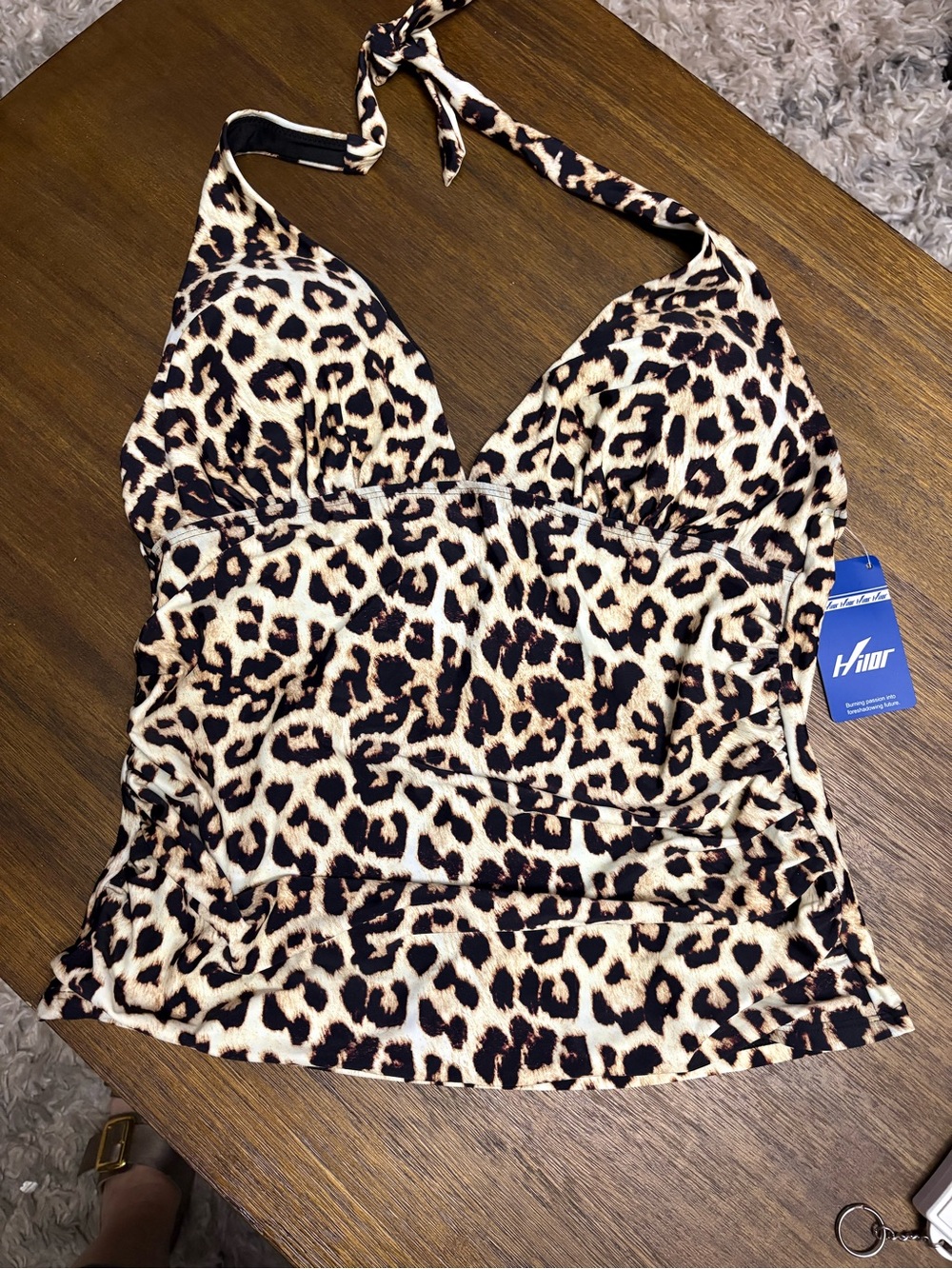 Hilor Halter Leopard Size 16  Print Swim Tankini Top in Beige/Black